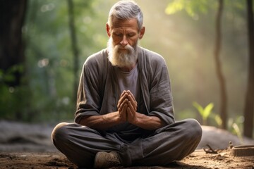 Naklejka na ściany i meble Expressive shot: a seated male aged 50 praying in the forest