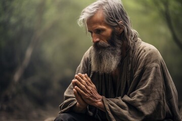 Intimate portrayal of a seated male aged 50 praying in the forest
