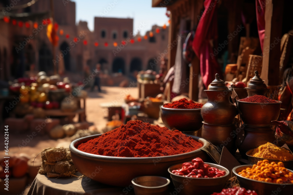 Poster A bustling marketplace in Morocco, filled with vibrant textiles, spices, and crafts that embody the essence of Moroccan culture. Generative Ai.