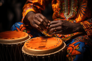 A close-up of a person's hand playing a traditional African drum, capturing the rhythm and spirit of African music. Generative Ai.