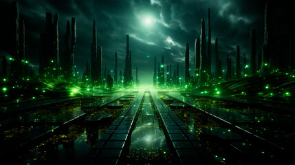 dark green wallpaper, futuristic city