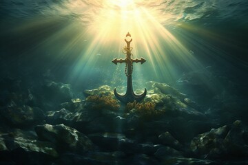 Underwater illustration of an anchor surrounded by sun rays. Generative AI