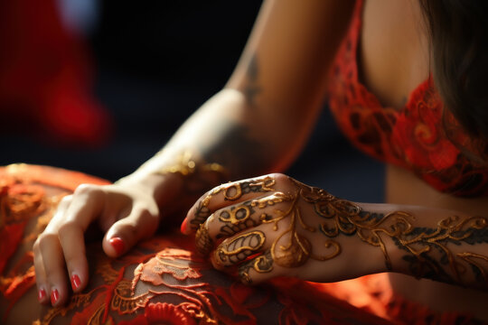 A close-up of a person's hand painting intricate henna designs on the skin during a cultural event in the Middle East. Generative Ai.