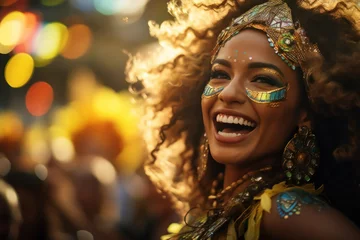 Fotobehang Carnaval A person capturing the energy and excitement of a Brazilian samba parade during Carnival, symbolizing the liveliness of Brazilian culture. Generative Ai.