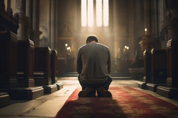 Capturing a moment: a kneeling male aged 30 praying in a church