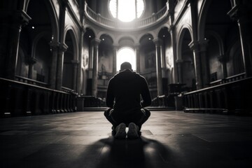 Emotive image of a kneeling male aged 20 praying in a church