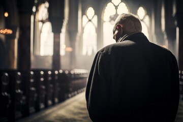 Capturing a moment: a standing male aged 65 praying in a church