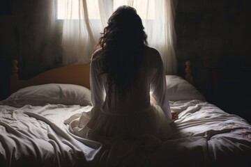 Expressive shot: a seated female aged 20 praying in her bed