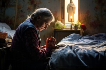 Intimate portrayal of a kneeling female aged 80 praying in her bed