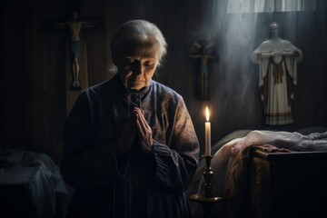 Emotive image of a standing female aged 80 praying in her bed