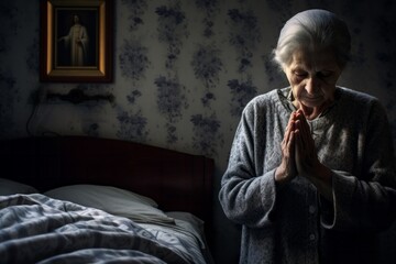 Capturing a moment: a standing female aged 80 praying in her bed