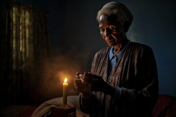 Emotive image of a standing female aged 80 praying in her bed