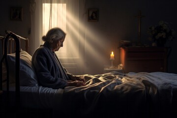Capturing a moment: a standing female aged 80 praying in her bed