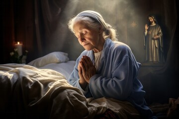 Intimate portrayal of a kneeling female aged 80 praying in her bed