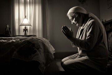 Intimate portrayal of a kneeling female aged 80 praying in her bed