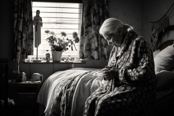 a standing female aged 80 praying in her bed