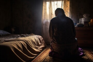 Capturing a moment: a kneeling female aged 80 praying in her bed