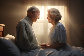 Emotive image of a standing male aged 80 praying in his bed
