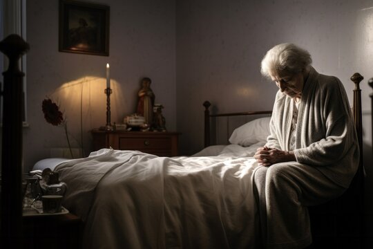 a standing female aged 80 praying in her bed