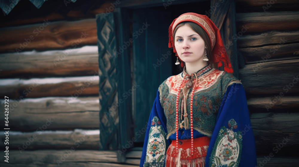 Wall mural Generative AI, beautiful girl, young woman in traditional Slavic dress, Russian sundress, wooden village house, country life, portrait of a Russian girl, big eyes