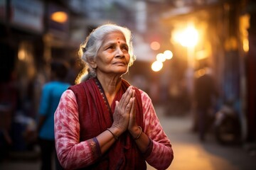 Capturing a moment: a standing female aged 50 praying in the street