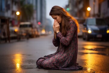 Expressive shot: a kneeling female aged 20 praying in the street