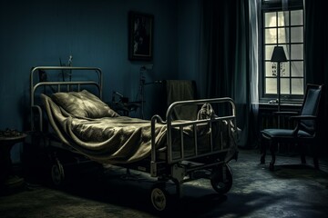 A depiction of euthanasia: an unoccupied bed in a senior's room at a nursing home. Generative AI - obrazy, fototapety, plakaty