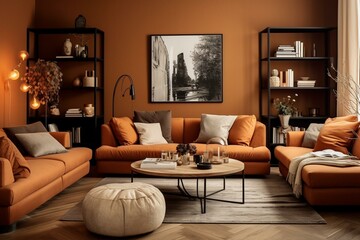 Stunning living room in cozy caramel hues, inspiring home decor ideas. Generative AI