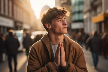 Fototapeta premium Intimate portrayal of a standing male aged 20 praying in the street