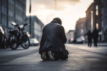 Obraz premium Expressive shot: a kneeling male aged 20 praying in the street, appearing homeless