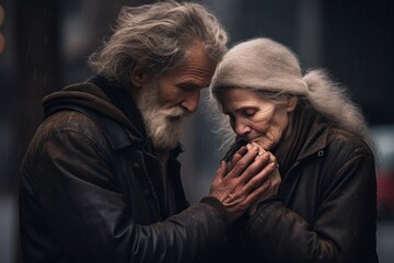 a standing couple aged 80 praying in the street, appearing homeless
