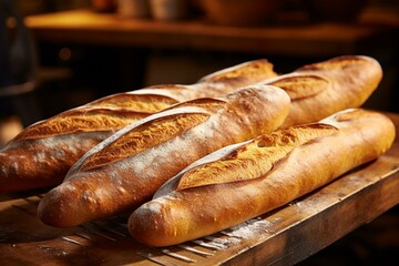 Impeccable baguettes from a genuine French bakery, baked to perfection. Generative AI - obrazy, fototapety, plakaty