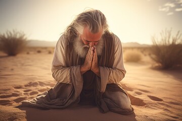 Intimate portrayal of a standing male aged 65 praying in the desert