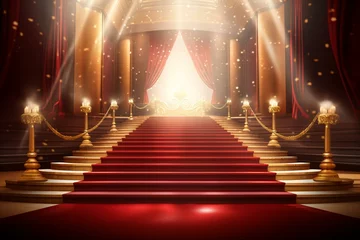 Foto op Plexiglas Glamorous Bollywood stage with a shining red carpet, maroon steps, spotlights, and a golden royal awards background. Elegant, modern, and premium design template for certificates,. Generative AI © Juno