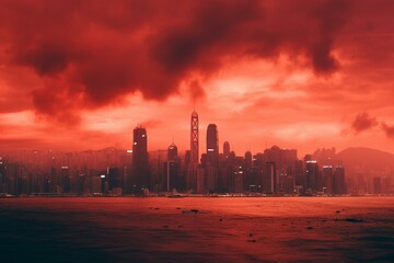 Vibrant Hong Kong skyline in red. Generative AI