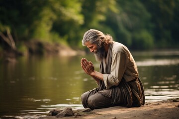 Fototapeta premium Intimate portrayal of a kneeling male aged 65 praying near a river