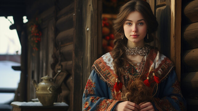 Generative AI, beautiful girl, young woman in traditional Slavic dress, Russian sundress, wooden village house, country life, portrait of a Russian girl, big eyes