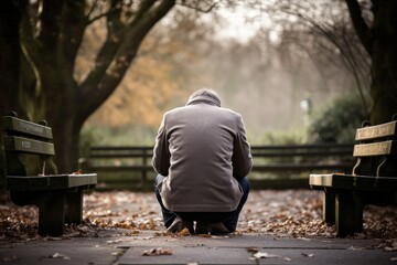 Fototapeta premium Intimate portrayal of a kneeling male aged 50 praying on a bench in a public park