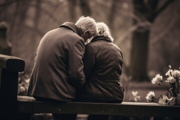 Black and white photography of an Emotive image of a kneeling couple aged 65 praying on a bench in a public park