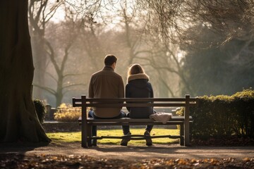 Intimate portrayal of a standing couple aged 30 praying on a bench in a public park