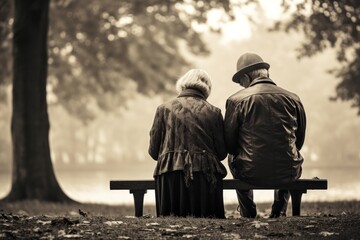 Black and white photography of a seated couple aged 50 praying on a bench in a public park