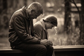 Black and white photography of an Expressive shot: a seated couple aged 50 praying on a bench in a...