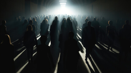 Thousands of silhouettes shifting and merging in a ballet of shadows, an underground crowd at the peak of rush hour.
