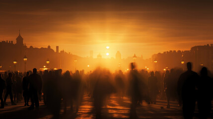 Fototapeta premium Silhouette of a crowd in a city illuminated by skysers a portrayal of the city lifes continual motion.