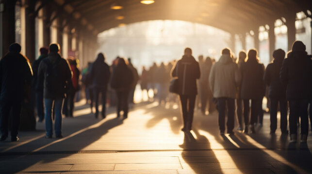 Shadows of a dense crowd lining up on a chilly morning at the train station.