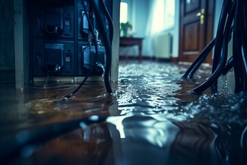 Cleaning up flooded electrical room or basement. Deep water, mop, defocused electrical cable. Water damage from rain, snowmelt, or pipe burst. Generative AI