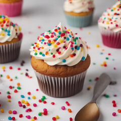 Cupcake, with fluffy cake, creamy frosting, and colorful sprinkles on top.