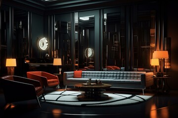 Retro noir room with modern architecture, dramatic lighting, and 1950s atmosphere. Generative AI