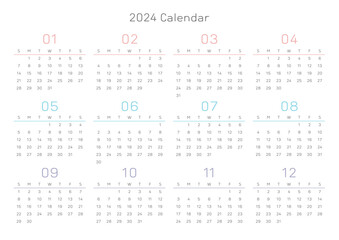 A simple and minimalist style annual template with a 2024 year 12 month calendar. Note, scheduler, diary, calendar, planner design template illustration.