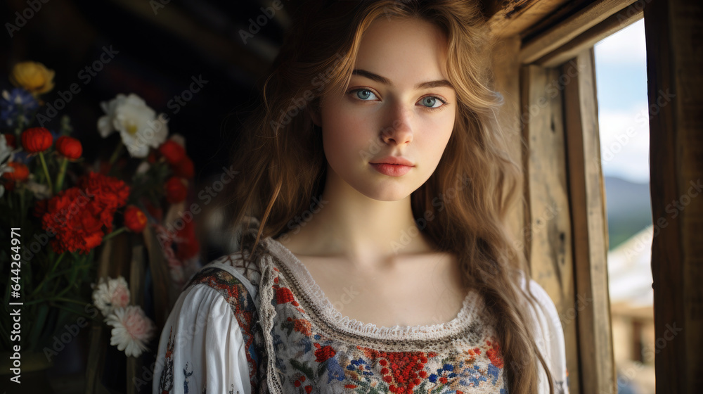 Wall mural Generative AI, beautiful girl, young woman in traditional Slavic dress, Russian sundress, wooden village house, country life, portrait of a Russian girl, big eyes